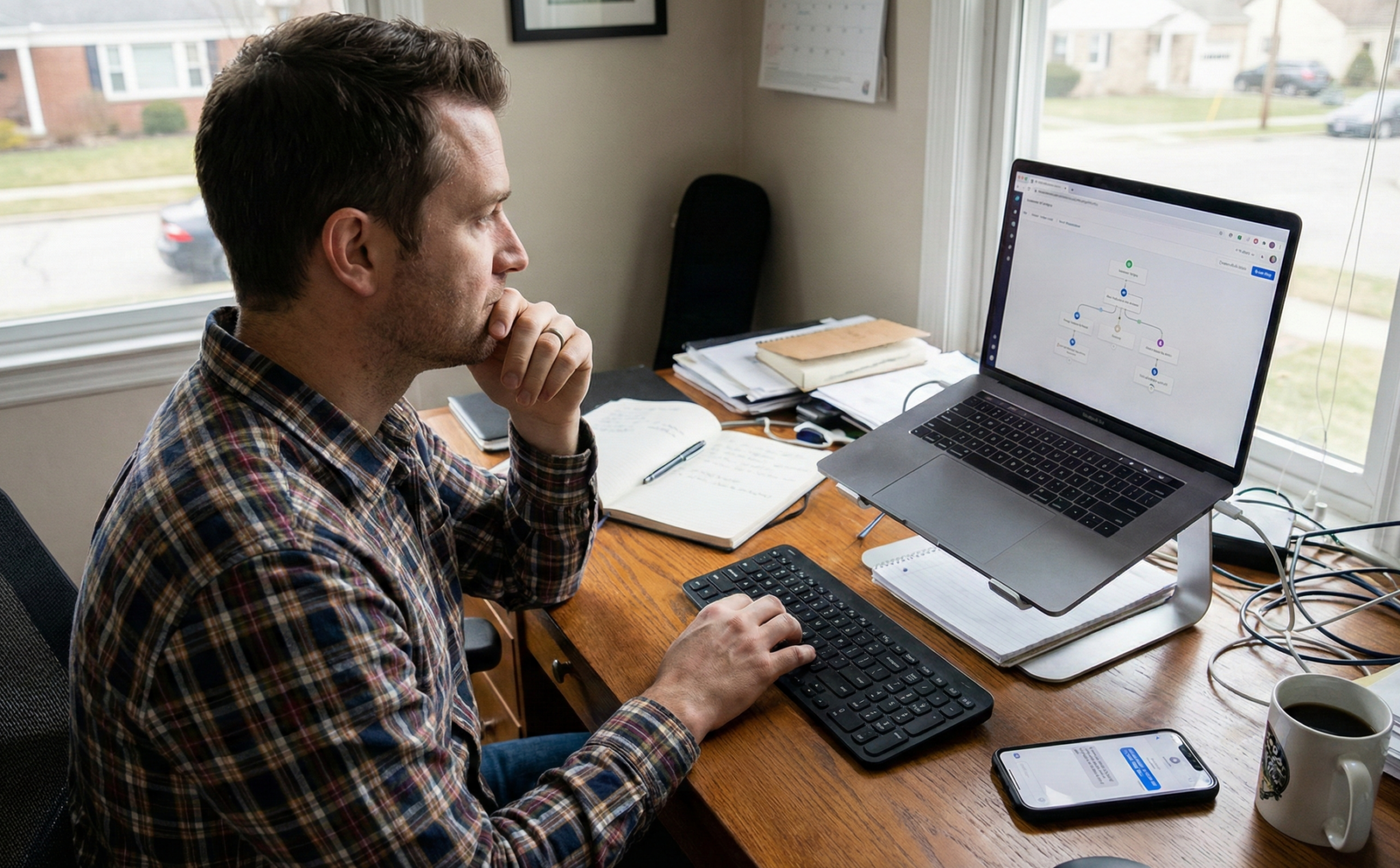 Fotografie zachycuje konzultanta (vlevo), který s tabletem a poznámkovým blokem naslouchá majiteli malé firmy (vpravo). Ten mu ukazuje svůj stávající systém plánování na bílé tabuli a zároveň drží v ruce telefon s otevřenou textovou komunikací. Snímek ilustruje přístup Mistrio, který spočívá v mapování reálných pracovních návyků přímo v terénu, nikoliv v teoretickém navrhování systémů od stolu.